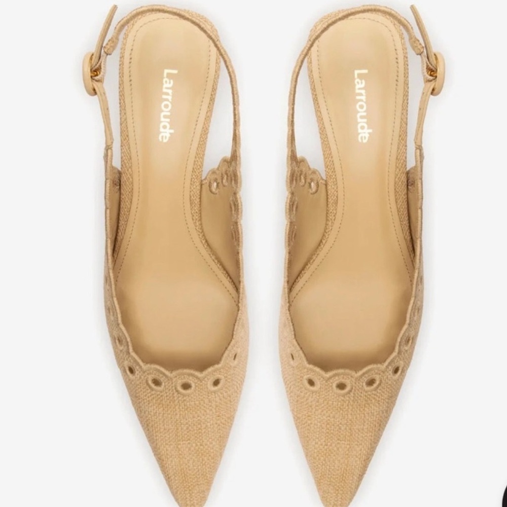 LARROUDE BEIGE RAFFIA BRODERIE SLINGBACK SCALLOP EMBROIDERED DETAILS SIZE